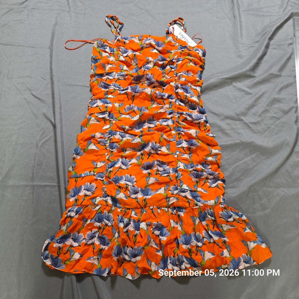Parker New York Amber Blooms Ruched Ruffle Mini Dress Orange Floral Size 6 NWT